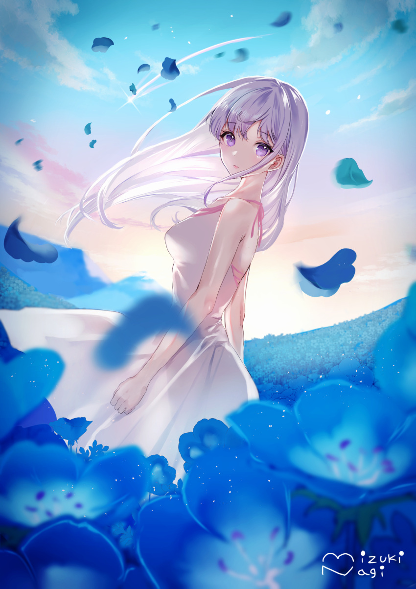 1girl absurdres bangs bare_arms blue_flower closed_mouth day dress eyebrows_visible_through_hair field floating_hair flower flower_field from_side highres long_hair looking_at_viewer nagi_(pickles_pipipi) nemophila_(flower) original outdoors petals pink_ribbon purple_eyes ribbon see-through_silhouette shiny shiny_hair shiny_skin signature sleeveless sleeveless_dress solo standing straight_hair sundress white_dress white_hair