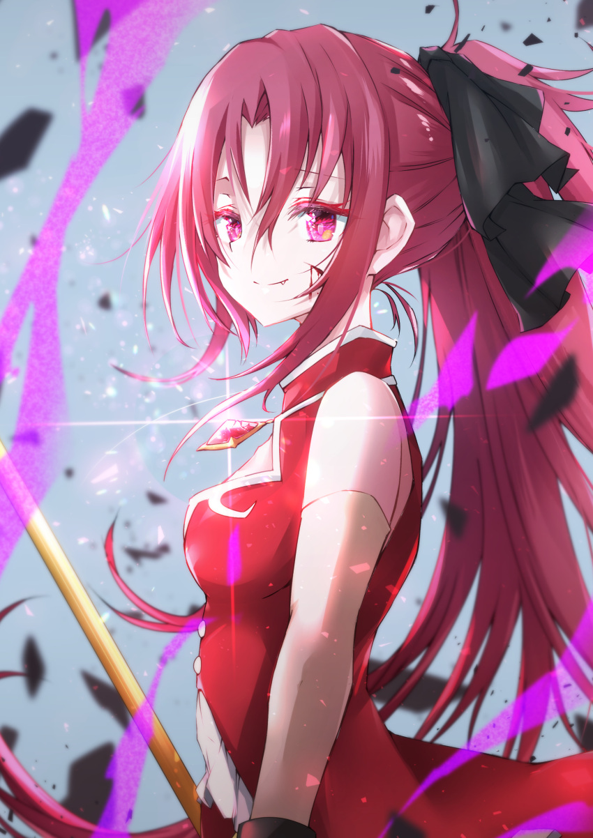 1girl absurdres bangs blood blood_on_face breasts closed_mouth coat detached_sleeves eyebrows_visible_through_hair fang fang_out from_side gem grey_background hair_between_eyes hair_ornament highres long_hair mahou_shoujo_madoka_magica ponytail red_coat red_eyes red_gemstone red_hair sakura_kyouko shiny shiny_hair small_breasts smile solo soul_gem sparkle upper_body very_long_hair white_sleeves yanagiba_sakana