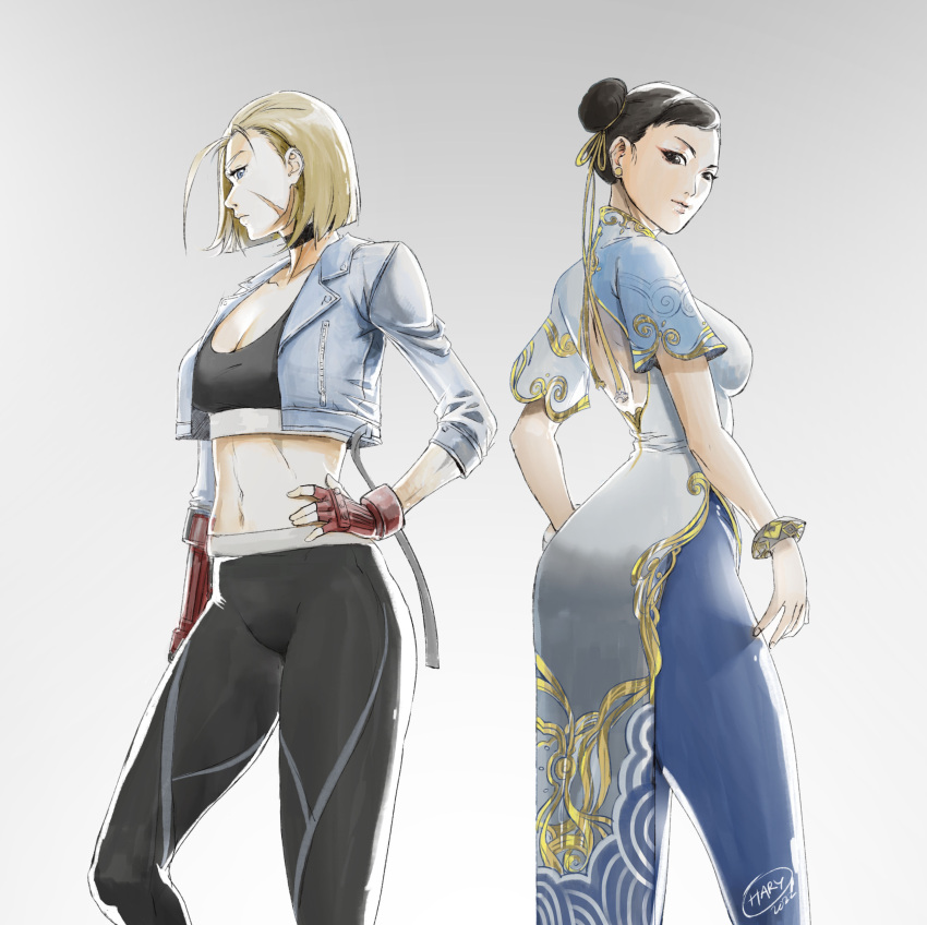 2girls absurdres bangle bangs black_bra black_hair black_pants blonde_hair blue_eyes blue_legwear bra bracelet breasts cammy_white china_dress chinese_clothes choker chun-li cleavage collarbone cropped_jacket denim denim_jacket double_bun dress ear_piercing eyeshadow fingerless_gloves gloves gradient gradient_background hair_bun hair_ribbon half_gloves hand_on_hip hary_nugraha highres jacket jewelry leggings long_sleeves looking_at_viewer looking_back makeup medium_breasts multiple_girls pants piercing red_gloves ribbon short_hair signature solo sports_bra street_fighter street_fighter_6 underwear white_dress yellow_ribbon yoga_pants