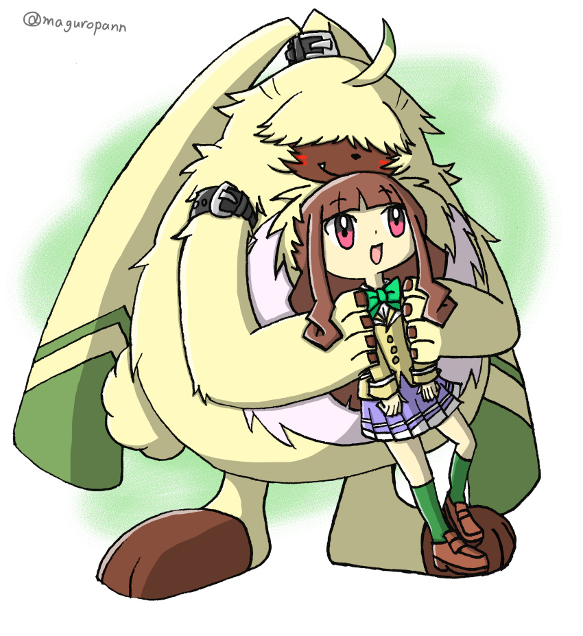 absurd_res anthro bandai_namco belt brown_hair clothing digimon digimon_(species) digimon_ghost_game duo embrace female fur hair hair_over_eyes hi_res hug human long_hair maguropann male mammal ponytail_ears ruri_tsukiyono school_uniform uniform yellow_body yellow_fur