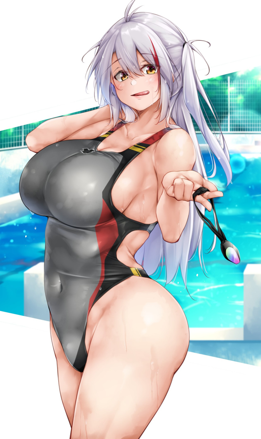 1girl antenna_hair azur_lane black_swimsuit breasts chain-link_fence competition_swimsuit covered_navel cowboy_shot cross day eyebrows_visible_through_hair fatal_frame fence forest goggles_around_arm grey_hair grey_swimsuit hair_between_eyes highleg highres iron_cross large_breasts licking_lips long_hair multicolored_hair nature one-piece_swimsuit orange_eyes oriue_wato outdoors pool poolside prinz_eugen_(azur_lane) red_swimsuit solo streaked_hair swimsuit tongue tongue_out tree two_side_up water wet wet_clothes wet_swimsuit