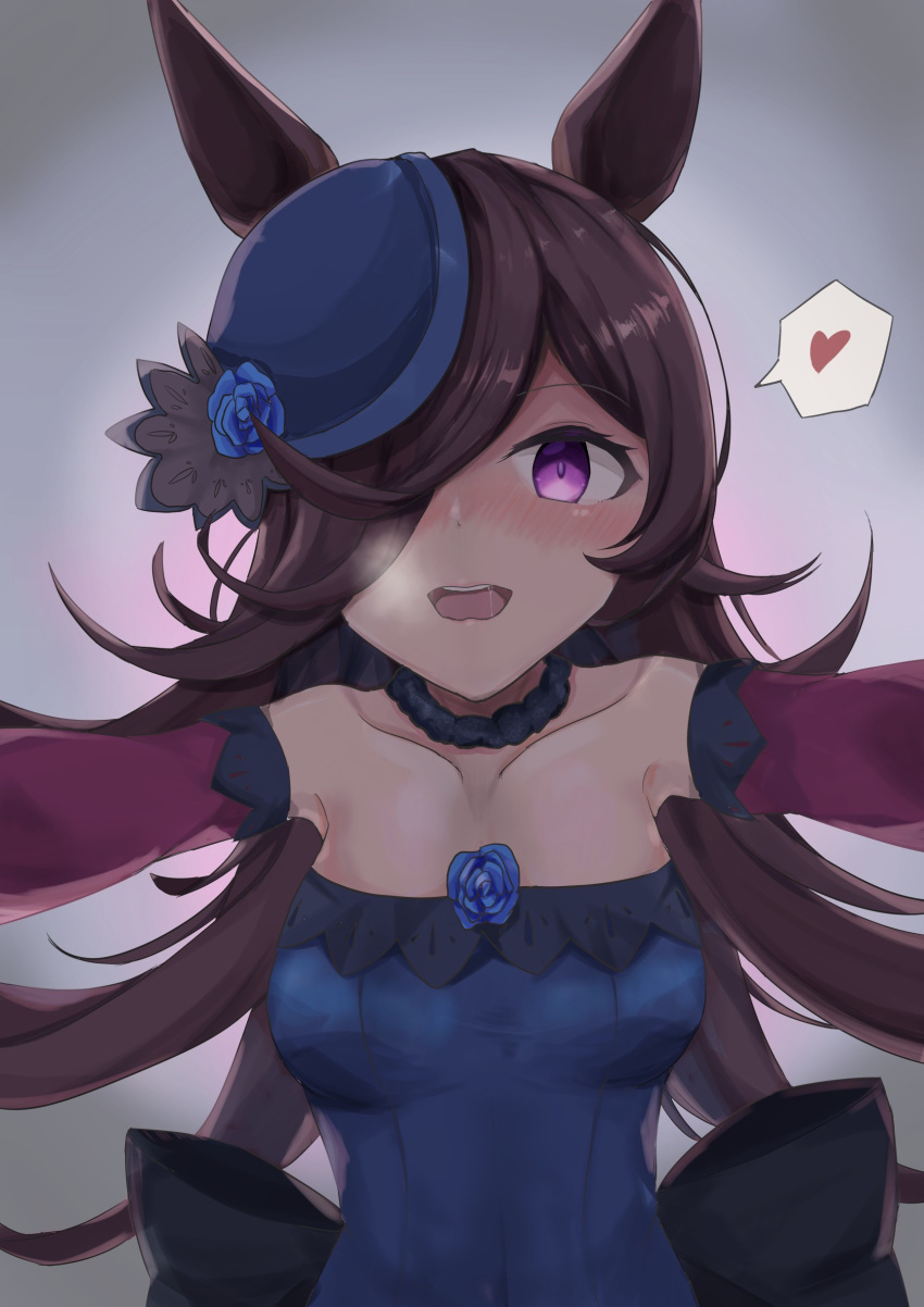 1girl absurdres bare_shoulders blue_dress blue_flower blue_headwear blue_rose blush breasts brown_hair dress flower hair_over_one_eye hat hat_flower heart highres horse_girl long_hair off-shoulder_dress off_shoulder open_mouth purple_eyes rice_shower_(umamusume) rose saliva short_dress small_breasts solo tilted_headwear umamusume waity_awa