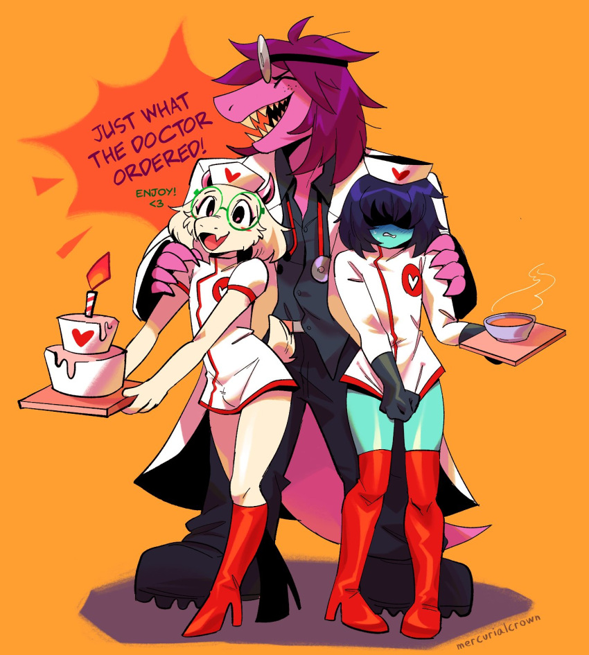 &lt;3 ambiguous_gender anthro blue_body blue_hair blue_skin boots bovid cake caprine clothed clothing clothing_pull coat covering covering_crotch crossdressing deltarune dessert dialogue doctor embarrassed english_text eyewear female food footwear fur girly glasses goat group hair hand_on_shoulder hi_res high_heeled_boots high_heels holding_object holding_tray human kris_(deltarune) lab_coat larger_female lizard male mammal mercurialcrown nurse nurse_clothing nurse_uniform open_mouth open_smile orange_background purple_body purple_hair purple_scales ralsei reptile scales scalie sharp_teeth simple_background size_difference smaller_male smile soup standing susie_(deltarune) teeth text topwear tray trio undertale_(series) uniform video_games white_body white_fur