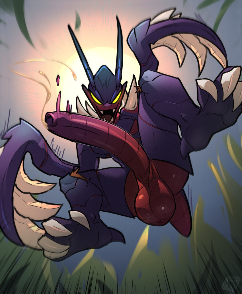 antennae_(anatomy) anthro arthropod balls big_balls big_penis butt claws fangs feet foreskin genitals hi_res insect jumping kha'zix_(lol) league_of_legends looking_down_at_viewer male mantis meatshaq penis perspective pounce riot_games smile solo toe_claws video_games