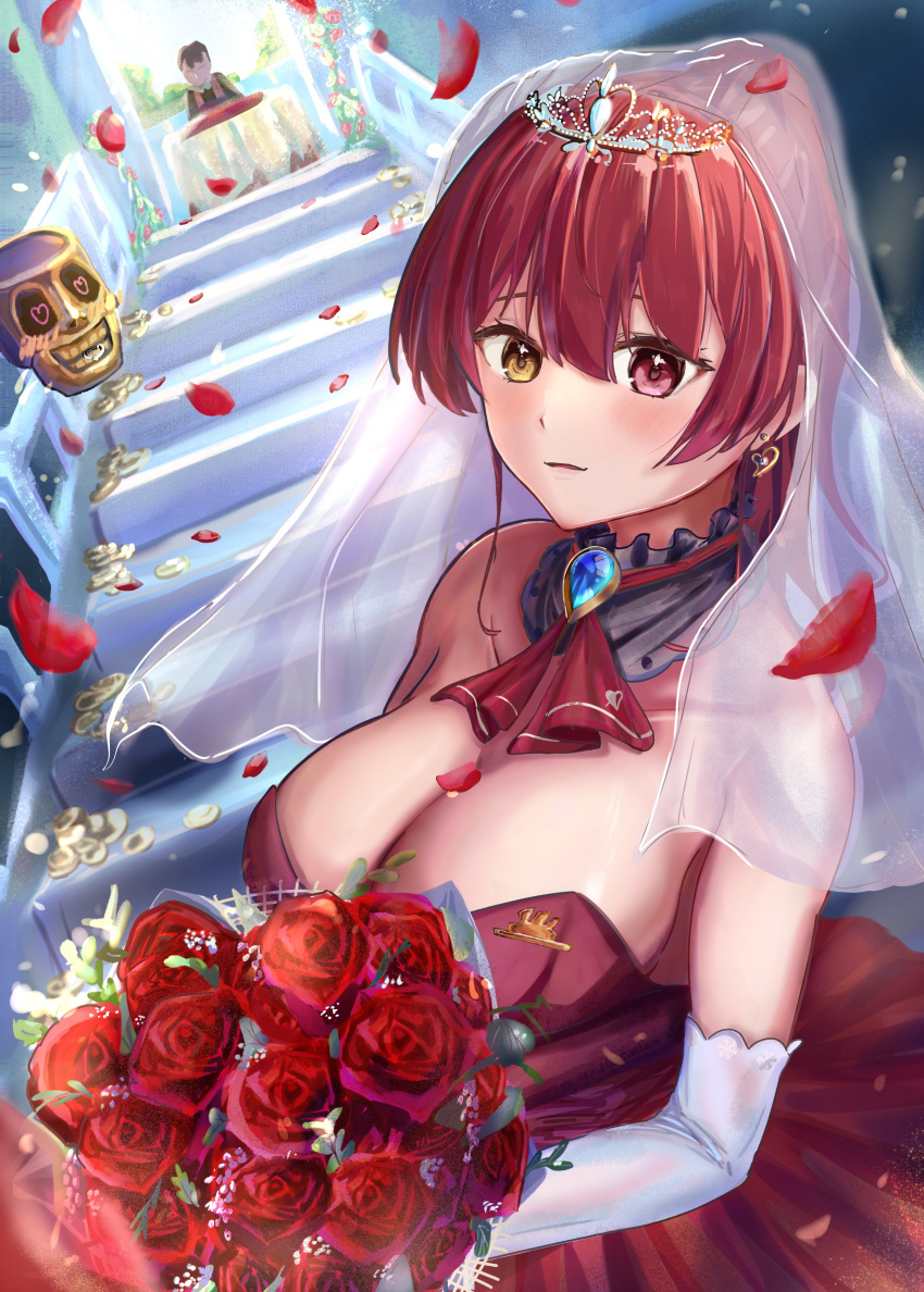 absurdres armpits bare_shoulders blush bouquet breasts breasts_out bridal_gauntlets bridal_veil bride cleavage cleavage_cutout clothing_cutout collarbone crown crown_hair_ornament dress ear_focus ear_piercing flower gem gloves hair_between_eyes hair_bun hair_ornament heterochromia highres hololive houshou_marine large_breasts looking_at_viewer medium_hair no_bra petals piercing pink_eyes red_dress red_eyes red_flower red_hair red_rose red_skirt rose shiny shiny_hair shiny_skin skirt sleeveless veil virtual_youtuber wedding_dress white_veil yamamayu_gaman yellow_eyes