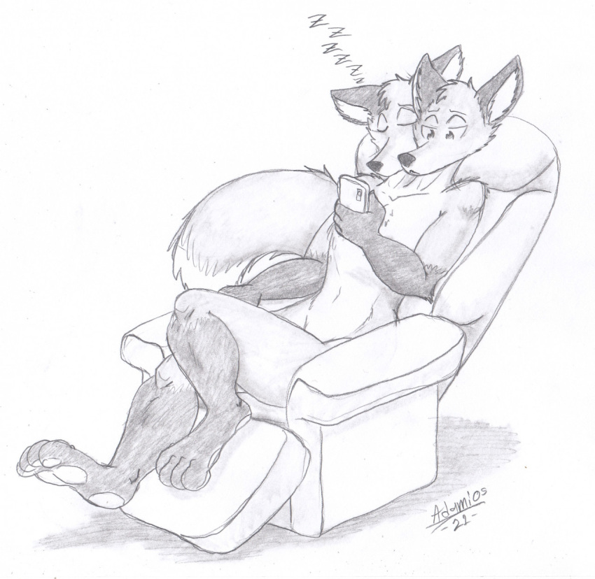 adamios anthro canid canine cellphone chair conjoined duo fox furniture hi_res looking_at_object looking_at_phone male male/male mammal multi_head pawpads phone recliner sitting sleeping