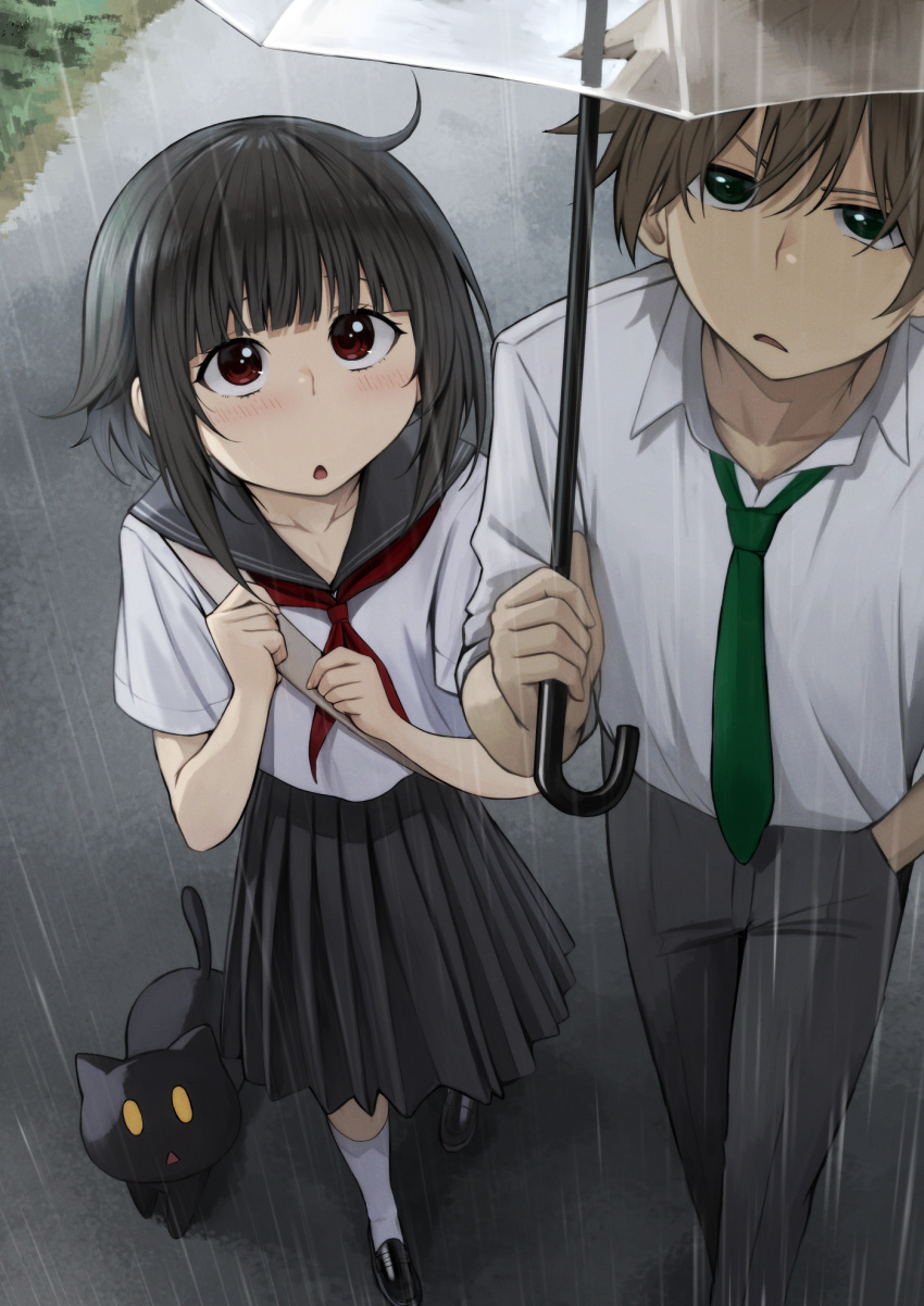 1boy 1girl :o animal bangs black_pants black_sailor_collar black_skirt blunt_bangs blush cat chomusuke collarbone feet_out_of_frame foreshortening green_necktie grey_shirt hair_between_eyes hand_in_pocket highres holding holding_umbrella izawa_(bhive003) kono_subarashii_sekai_ni_shukufuku_wo! medium_hair megumin neckerchief necktie open_mouth outdoors pants pleated_skirt rain red_eyes red_neckerchief road sailor_collar satou_kazuma shirt short_sleeves skirt street transparent transparent_umbrella umbrella