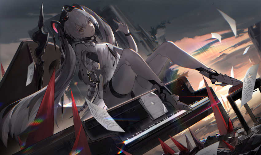 +_+ 1girl absurdres chair cloud cloudy_sky dark full_body hair_ornament highres instrument looking_at_viewer luna_(punishing:_gray_raven) mechanical_foot paper piano punishing:_gray_raven rainbow sitting sky spikes xiao_feng