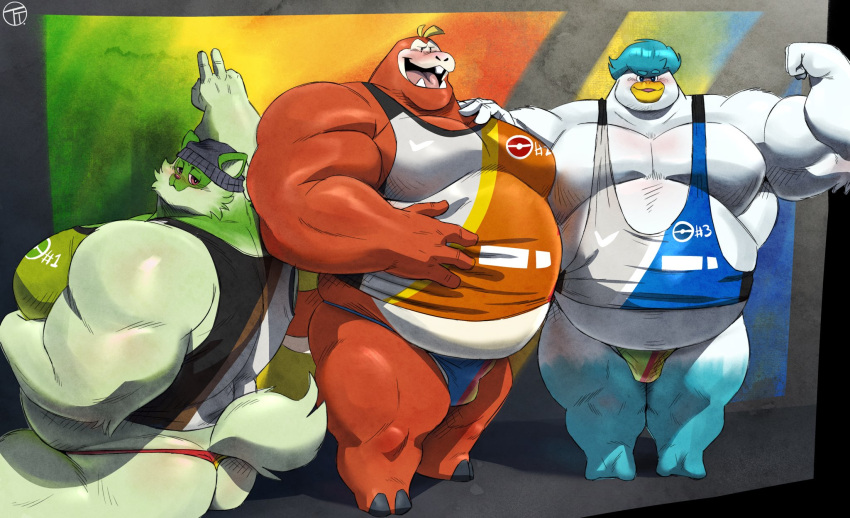 2022 anthro belly big_belly blue_body blush bulge butt clothing fuecoco green_body group hat headgear headwear hi_res humanoid_hands male musclegut nintendo overweight overweight_male pok&eacute;mon pok&eacute;mon_(species) quaxly red_body shirt sitting sprigatito topwear trashtoonz underwear video_games white_body