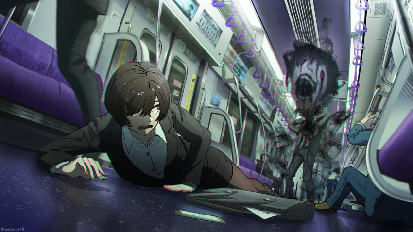 1girl 4boys black_legwear black_suit blue_suit brown_hair commentary_request crying crying_with_eyes_open formal ghost hand_grip highres hirokima long_sleeves lying multiple_boys office_lady original pantyhose possessed running scared scenery shirt short_hair solo_focus subway suit tears train_interior white_shirt