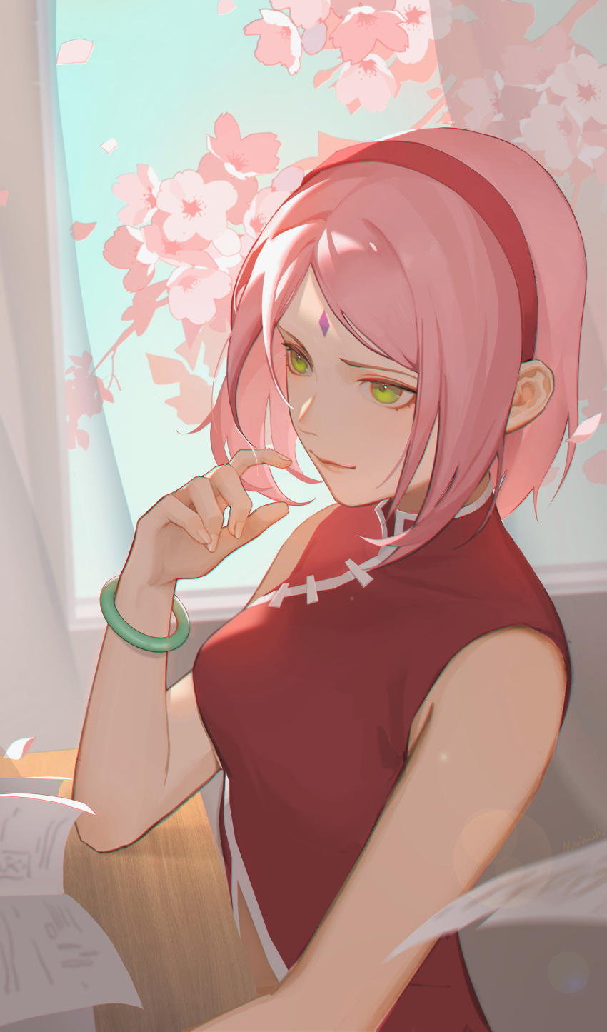 1girl absurdres bangs bare_arms boruto:_naruto_next_generations bracelet closed_mouth desk facial_mark flower fxmao- green_eyes hairband haruno_sakura highres indoors jewelry naruto_(series) parted_bangs pink_flower pink_hair red_hairband red_shirt shirt short_hair sitting sleeveless sleeveless_shirt solo spring_(season) upper_body