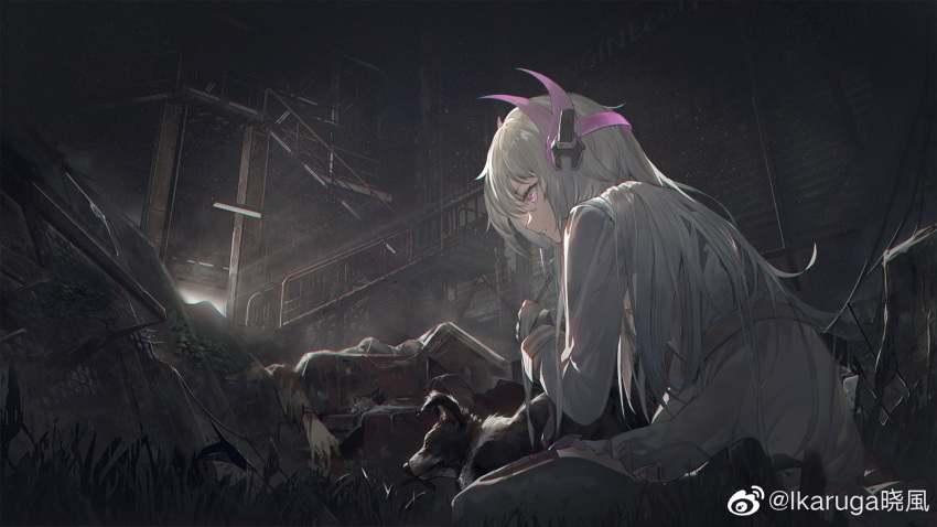 1girl dog dress hair_ornament junk light liv_(punishing:_gray_raven) long_hair long_sleeves messy_hair open_mouth punishing:_gray_raven purple_eyes railing sitting stairs warehouse white_dress white_hair xiao_feng