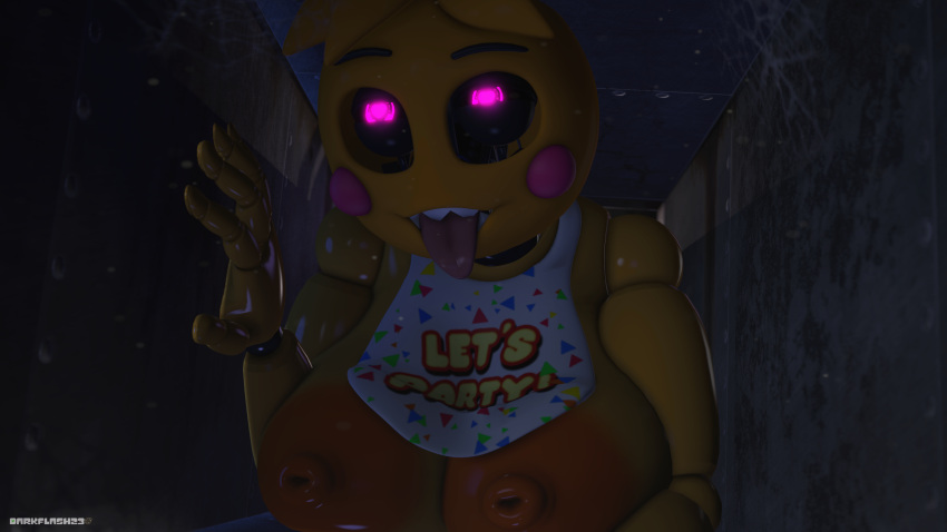 2022 3d_(artwork) absurd_res all_fours animatronic anthro areola artist_name avian bib big_areola big_breasts bird black_sclera blonde_hair breasts chicken darkflash23 detailed_background digital_media_(artwork) female fingers five_nights_at_freddy's five_nights_at_freddy's_2 galliform gallus_(genus) glowing glowing_eyes hair hi_res huge_areola huge_breasts inside machine nipples phasianid pink_eyes robot scottgames sharp_teeth short_hair smile solo source_filmmaker teeth tongue tongue_out toy_chica_(fnaf) vent video_games watermark yellow_body yellow_skin