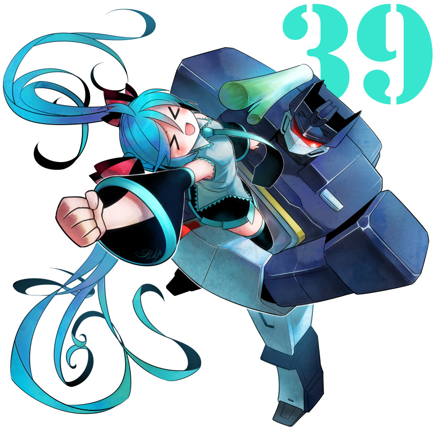 &gt;_&lt; 1girl 39 absurdres aqua_hair aqua_necktie bare_shoulders black_legwear black_skirt black_sleeves carrying carrying_person clenched_hand closed_eyes commentary crossover decepticon detached_sleeves foreshortening grey_shirt hair_ornament hair_ribbon hatsune_miku headphones highres long_hair mecha miniskirt necktie outstretched_arm pleated_skirt red_eyes ribbon rkp robot shirt skirt sleeveless sleeveless_shirt soundwave_(transformers) spring_onion standing striped striped_ribbon thighhighs transformers twintails very_long_hair vocaloid white_background