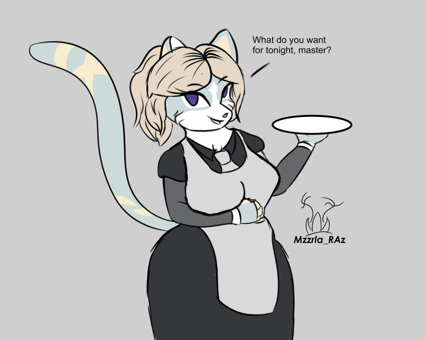 absurd_res anthro big_breasts bodily_fluids breasts clotahed clothing digital_media_(artwork) domestic_cat english_text felid feline felis female fur hair hi_res looking_at_viewer maid_apron maid_uniform mammal mzzrlaraz sabrina simple_background solo text uniform