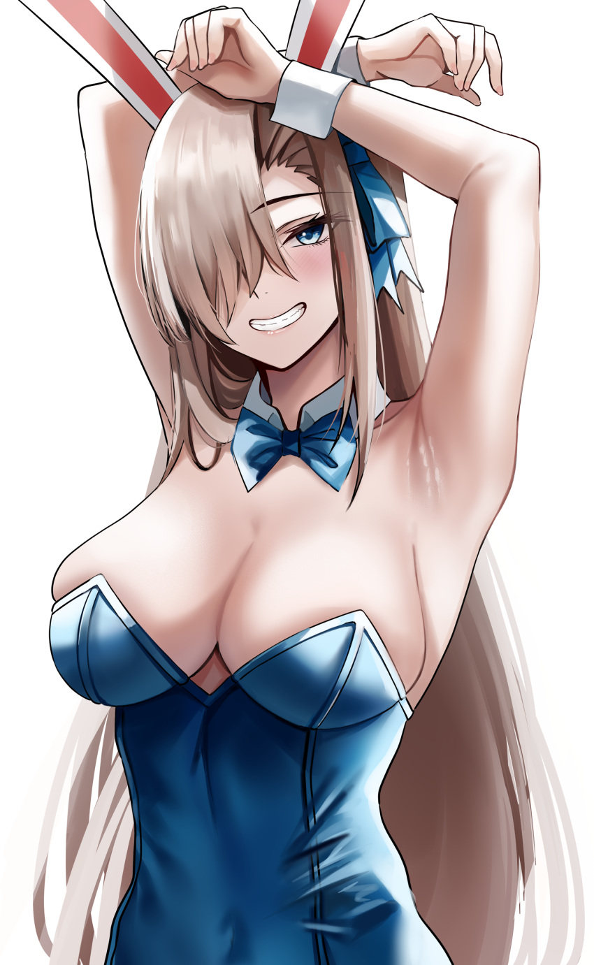 1girl absurdres animal_ears armpits arms_on_head arms_up asuna_(blue_archive) asuna_(bunny)_(blue_archive) bangs bare_arms blue_archive blue_bow blue_bowtie blue_eyes blue_leotard blue_ribbon blush bow bowtie breasts cleavage collar covered_navel detached_collar eyebrows_visible_through_hair fake_animal_ears grin hair_over_one_eye hair_ribbon highres large_breasts leotard light_brown_hair long_hair looking_at_viewer nicky_w playboy_bunny ribbon simple_background skindentation smile solo strapless strapless_leotard upper_body white_background white_collar wrist_cuffs