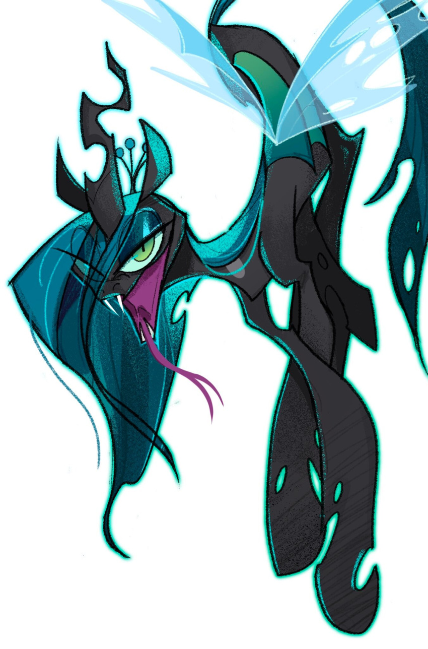 2022 akada arthropod black_body changeling crown digital_media_(artwork) eyeshadow fangs female feral forked_tongue friendship_is_magic green_eyes half-closed_eyes hasbro hi_res horn insect_wings makeup my_little_pony narrowed_eyes notched_wings open_mouth queen_chrysalis_(mlp) sharp_teeth simple_background solo teeth tongue tongue_out white_background wings