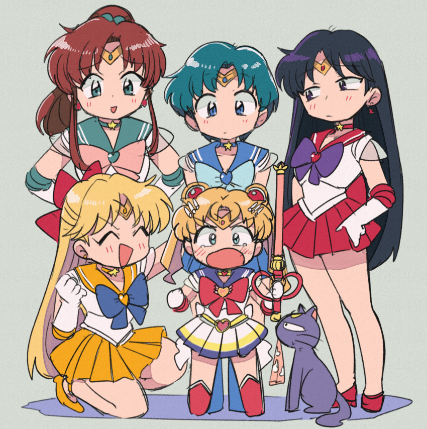 bishoujo_senshi_sailor_moon blonde_hair blue_bow blue_eyes blue_footwear blush bow brown_hair cat choker closed_eyes closed_mouth green_choker green_eyes highres luna_(sailor_moon) magical_girl multiple_girls open_mouth orange_footwear orange_skirt pink_bow purple_hair red_bow red_footwear red_skirt sailor_jupiter sailor_mars sailor_mercury sailor_moon sailor_venus skirt tsubobot