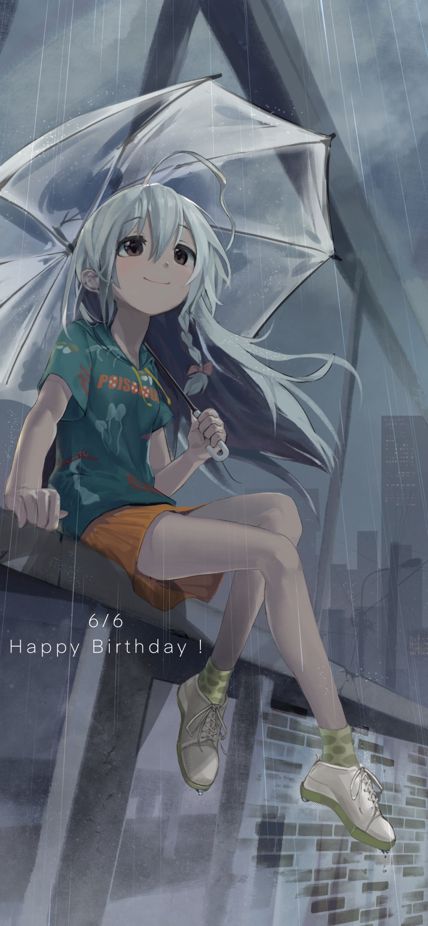 1girl absurdres ahoge arm_support bangs braid brown_eyes building cloud cloudy_sky commentary_request dated eyebrows_visible_through_hair food_print green_legwear green_shirt grey_hair grey_sky hair_between_eyes happy_birthday highres holding holding_umbrella hooded_shirt hoshi_syoko idolmaster idolmaster_cinderella_girls light_blush long_hair looking_afar mushroom_print orange_skirt outdoors rain shirt shoes short_sleeves sitting_on_fence skirt sky smile socks solo takesoboro transparent transparent_umbrella umbrella wet white_footwear