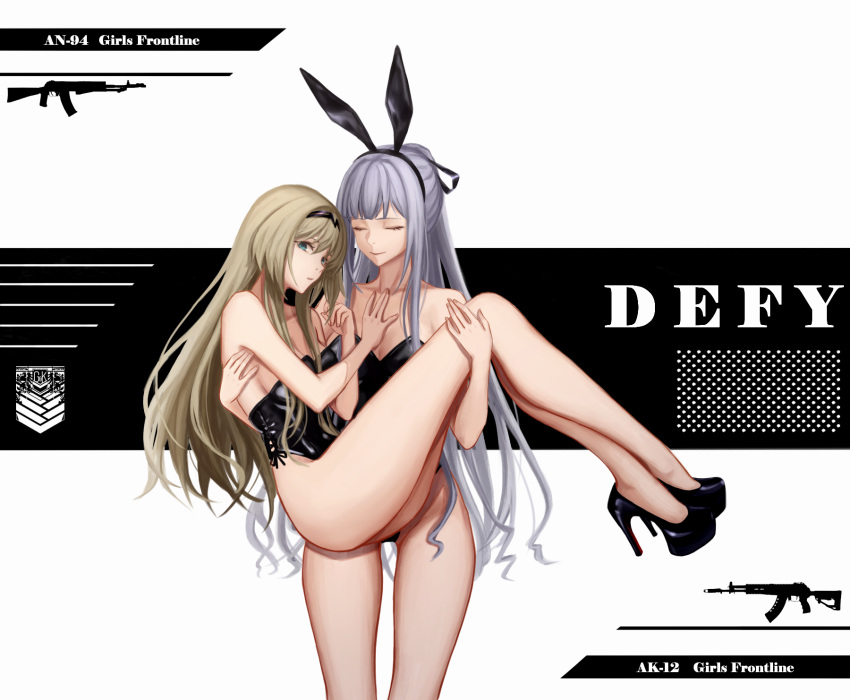 2girls add_leir ak-12_(girls'_frontline) alternate_costume an-94_(girls'_frontline) animal_ears aqua_eyes bangs bare_legs bare_shoulders black_footwear black_hairband black_leotard black_ribbon blonde_hair breasts character_name chinese_commentary cleavage closed_eyes closed_mouth collarbone copyright_name defy_(girls'_frontline) eyebrows_visible_through_hair fake_animal_ears feet_out_of_frame girls'_frontline grey_hair griffin_&amp;_kryuger hair_ribbon hairband high_heels highres legs leotard long_hair looking_at_viewer medium_breasts multiple_girls playboy_bunny ponytail rabbit_ears ribbon sideboob simple_background sitting sitting_on_person smile standing thighs