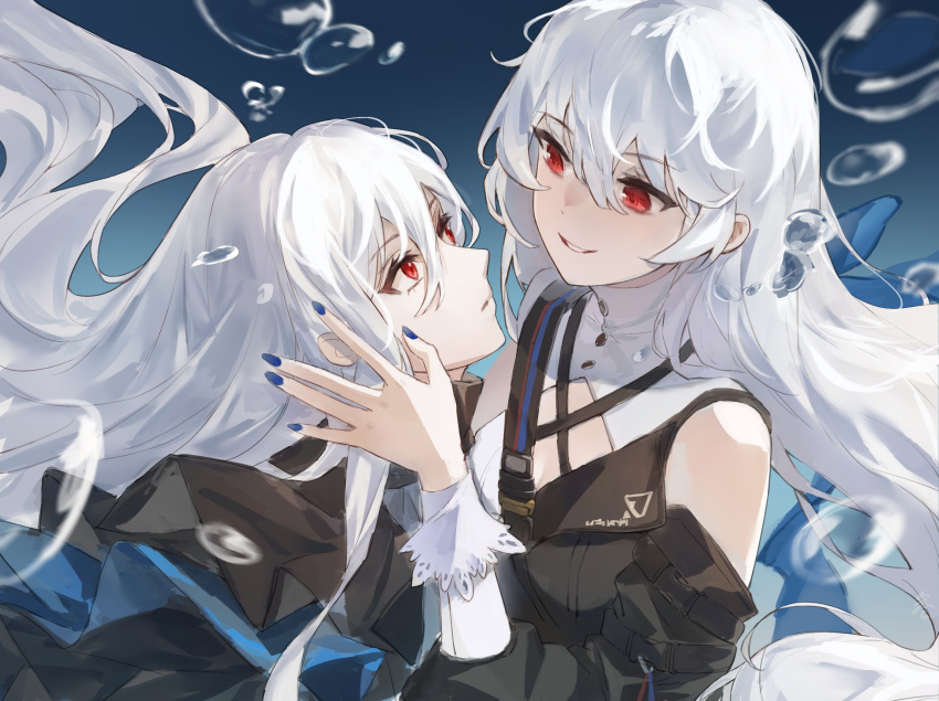2girls arknights bangs black_capelet black_dress breasts bubble capelet chinese_commentary cleavage cleavage_cutout clothing_cutout commentary_request dress eyebrows_visible_through_hair gloves grey_hair grey_shirt hair_between_eyes highres long_hair long_sleeves looking_at_another medium_breasts multiple_girls nail_polish parted_lips red_eyes shirt shoulder_cutout skadi_(arknights) smile specter_(arknights) specter_the_unchained_(arknights) upper_body very_long_hair was775 yuri