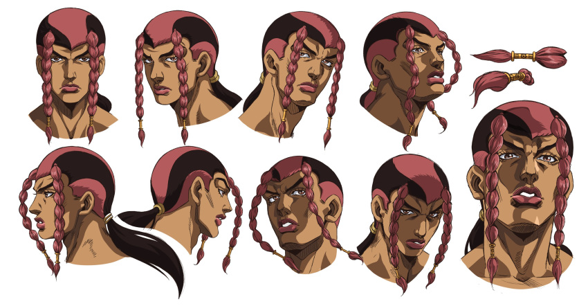 1boy braid brown_eyes brown_hair closed_mouth grandguerrilla highres jojo_no_kimyou_na_bouken looking_at_viewer male_focus multicolored_hair multiple_views parted_lips ponytail portrait red_hair sandman_(sbr) side_braids simple_background steel_ball_run two-tone_hair white_background