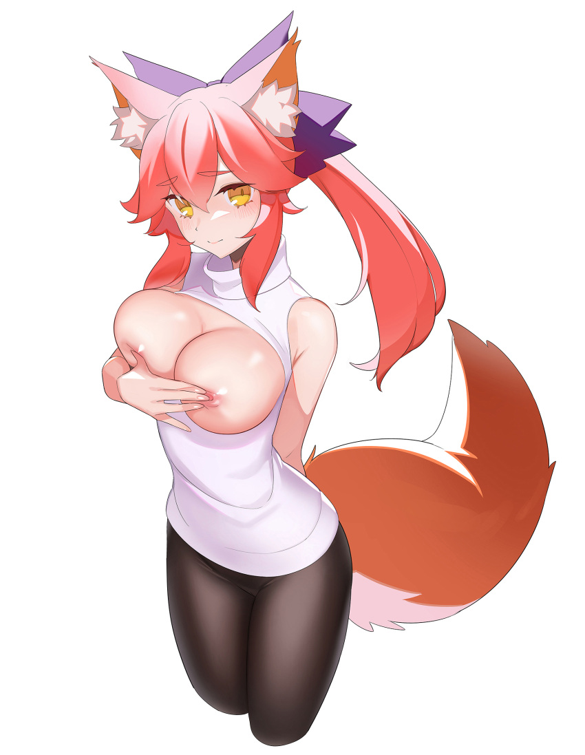 animal_ear_fluff animal_ears blush bow breasts breasts_out brown_legwear closed_mouth covering_nipples cropped_legs fate/grand_order fate_(series) fox_ears fox_tail hair_bow highres large_breasts looking_at_viewer milim_nova pantyhose pink_hair purple_bow simple_background sleeveless sleeveless_sweater standing sweater tail tamamo_(fate) twintails white_background white_sweater yellow_eyes