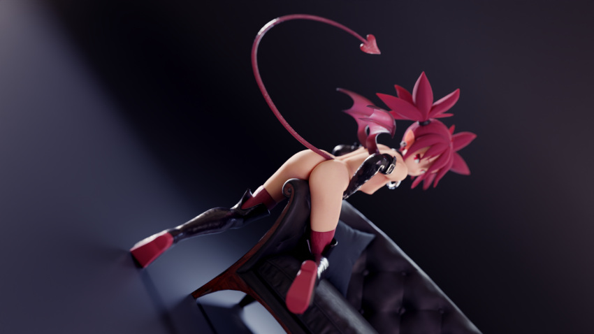 1girl 3d ass beanis black_background black_choker black_collar black_footwear black_gloves blender_(medium) blurry boots breasts choker collar commentary couch demon_girl demon_tail depth_of_field disgaea earrings elbow_gloves english_commentary etna gloves highres jewelry leaning_forward looking_at_viewer looking_back makai_senki_disgaea o-ring o-ring_choker o-ring_collar on_couch pointy_ears red_eyes red_hair red_legwear skull_earrings small_breasts solo standing standing_on_one_leg tail thigh_boots thighhighs twintails wings