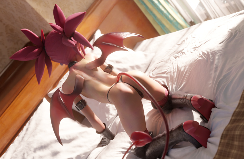 1girl 3d all_fours ass backlighting beanis bed bed_sheet bedroom belt black_footwear black_gloves black_panties blender_(medium) boots choker commentary curtains demon_girl demon_tail demon_wings disgaea earrings english_commentary etna gloves headboard highres indoors jewelry looking_away looking_to_the_side makai_senki_disgaea panties pillow pointy_ears red_hair red_legwear skull_earrings solo tail thighhighs thong twintails underwear window wings