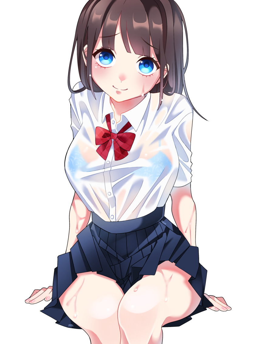 0621ff 1girl absurdres bangs blue_eyes blunt_bangs blush bow bowtie bra bra_visible_through_clothes breasts brown_hair head_tilt highres invisible_chair large_breasts long_hair moe2022 original pleated_skirt school_uniform see-through shirt shirt_tucked_in short_sleeves sitting skirt smile thick_thighs thighs underwear wet wet_clothes wet_shirt