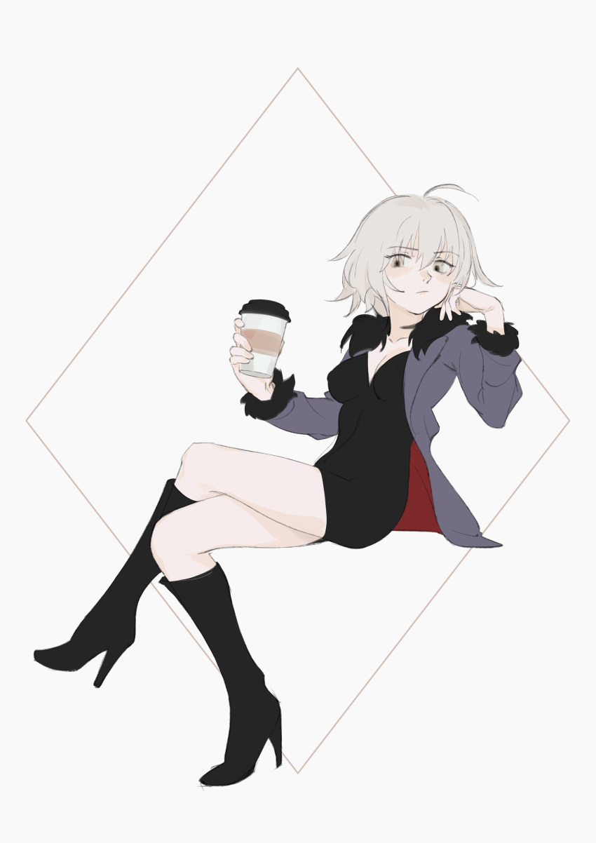 1girl absurdres ahoge black_dress black_footwear boots breasts closed_mouth crossed_legs cup disposable_cup dress fate/grand_order fate_(series) from_side full_body grey_hair grey_jacket high_heel_boots high_heels highres holding holding_cup invisible_chair jacket jeanne_d'arc_alter_(fate) jeanne_d'arc_alter_(ver._shinjuku_1999)_(fate) long_sleeves looking_at_viewer looking_to_the_side medium_breasts medium_hair milim_nova open_clothes open_jacket short_dress sitting solo two-sided_fabric two-sided_jacket yellow_eyes