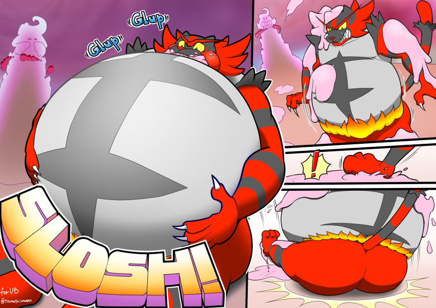 3_toes 5_fingers alcremie anthro belly belly_expansion belly_grab belly_inflation big_belly big_butt black_stripes bloated butt cheek_bulge claws exclamation_point expansion fangs feeding feet fingers fire fur gigantamax_alcremie gigantamax_pok&eacute;mon green_eyes grey_belly hand_on_stomach hi_res holding_stomach hyper hyper_belly icing incineroar inflation looking_at_belly looking_down looking_down_at_self male motion_lines musclegut muscular muscular_anthro muscular_male navel nintendo onomatopoeia open_mouth overweight overweight_anthro overweight_male pok&eacute;mon pok&eacute;mon_(species) red_body red_fur red_nose sitting slime slip slipping sloshing_belly solo sound_effects standing stripes swallowing teeth text toes tsumetaisoumen video_games weight_gain yellow_sclera