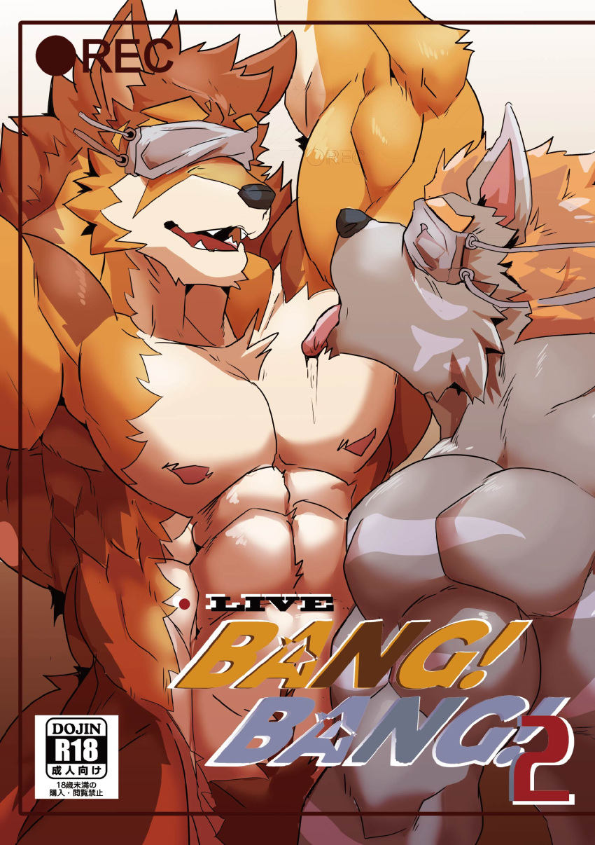 abs absurd_res anthro asiahao520 barrel_(live-a-hero) biceps blindfold canid canine canis chest_lick cover cover_art cover_page duo furlong_(live-a-hero) hi_res hyaenid lifewonders live-a-hero male male/male mammal muscular muscular_anthro muscular_male nipples pecs recording video_games wolf