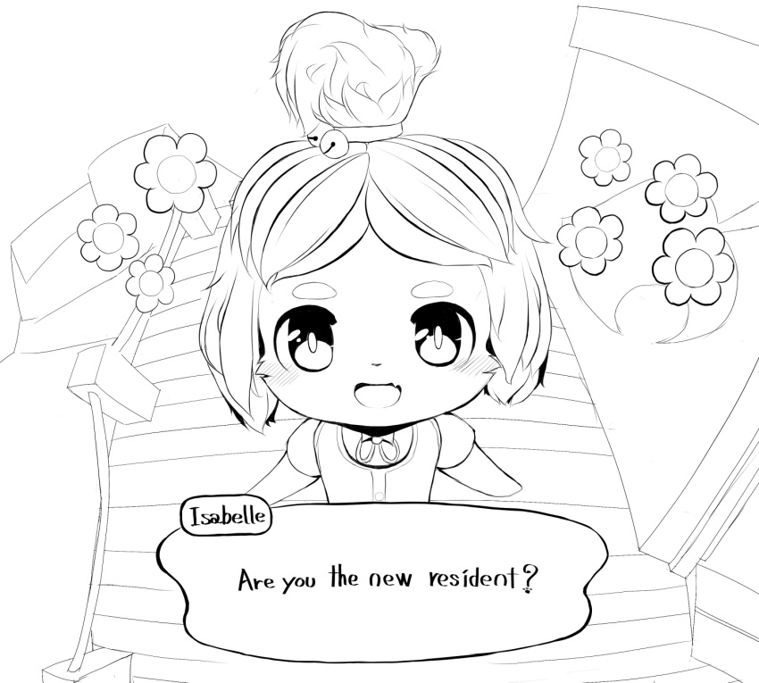 animal_crossing anthro blush canid canine canis domestic_dog female first_person_view flower francat hi_res isabelle_(animal_crossing) line_art mammal monochrome name_in_dialogue nintendo perspective plant sketch smile solo speech_bubble text text_box video_games