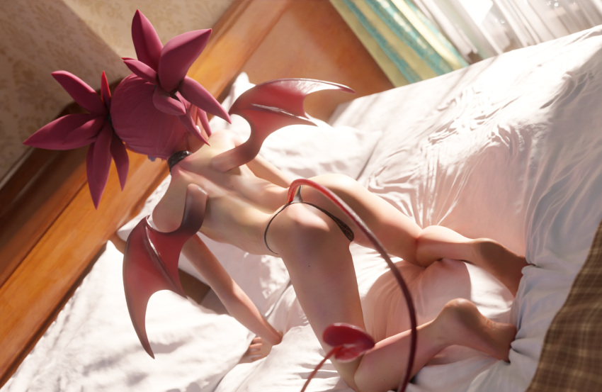 1girl 3d all_fours ass backlighting barefoot beanis bed bed_sheet bedroom black_panties blender_(medium) choker commentary curtains demon_girl demon_tail demon_wings disgaea earrings english_commentary etna headboard highres indoors jewelry looking_away looking_to_the_side makai_senki_disgaea panties pillow pointy_ears red_hair red_legwear skull_earrings soles solo tail thong topless twintails underwear window wings