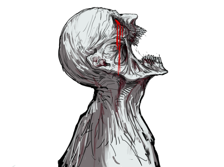 blood blood_from_eyes bloodborne from_side kan_(aaaaari35) monster no_humans open_mouth orphan_of_kos profile sharp_teeth simple_background solo teeth white_background