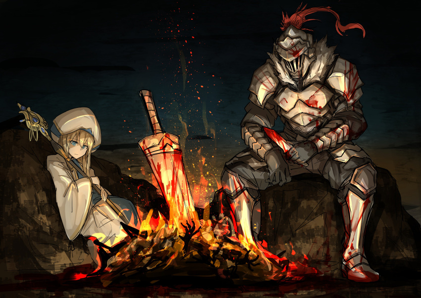 1boy 1girl absurdres armor blood bonfire_(dark_souls) corpse dark_souls_(series) dark_souls_i fire full_armor goblin_slayer goblin_slayer! hat helmet highres holding kan_(aaaaari35) knife plume priestess_(goblin_slayer!) sitting staff sword weapon