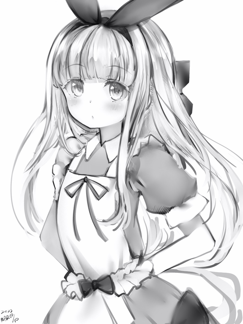 1girl apron arms_behind_back blush bow bow_hairband closed_mouth dot_nose dress flat_chest greyscale hair_bow hairband highres long_hair looking_at_viewer monochrome mononobe_alice nanashi_(nlo) nijisanji simple_background solo virtual_youtuber white_background