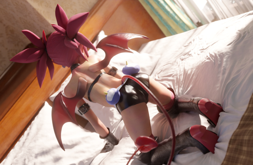 1girl 3d all_fours ass backlighting beanis bed bed_sheet bedroom belt black_footwear black_gloves black_panties black_shorts blender_(medium) boots bra choker commentary curtains demon_girl demon_tail demon_wings disgaea earrings elbow_gloves english_commentary etna gloves headboard highres indoors jewelry looking_away looking_to_the_side makai_senki_disgaea panties pillow pointy_ears red_hair short_shorts shorts skull_earrings solo tail thigh_boots twintails underwear window wings