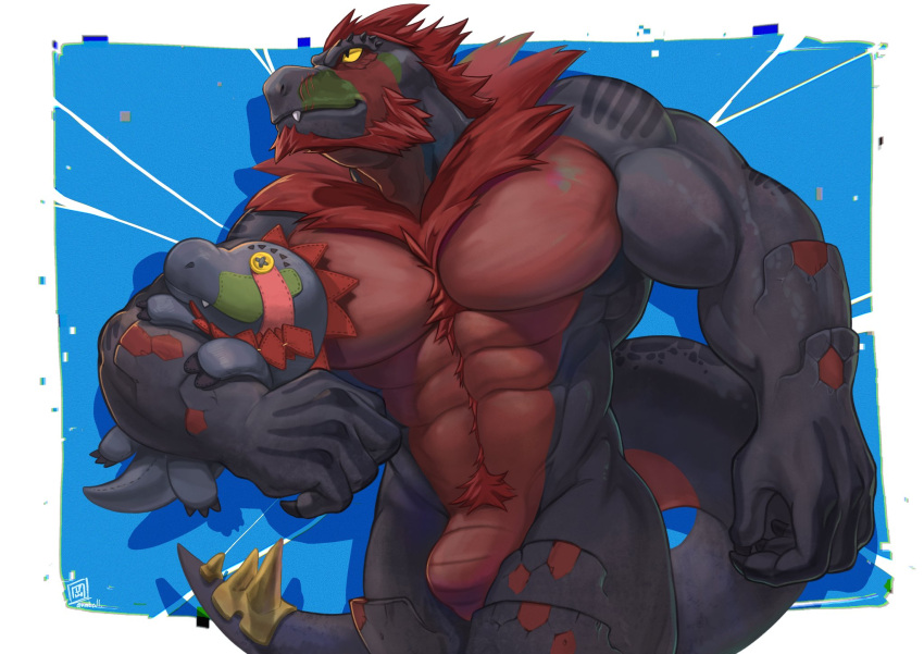 abs anthro artist_name barazoku beard benoitxie black_body black_skin blue_background border bulge claws facial_hair fangs fossil_pok&eacute;mon hair hi_res jewelry male male_focus muscular navel nintendo pecs plushie pok&eacute;mon pok&eacute;mon_(species) red_body red_hair red_skin sharp_teeth shirtless simple_background solo spikes standing teeth tyrantrum video_games yellow_eyes yellow_sclera