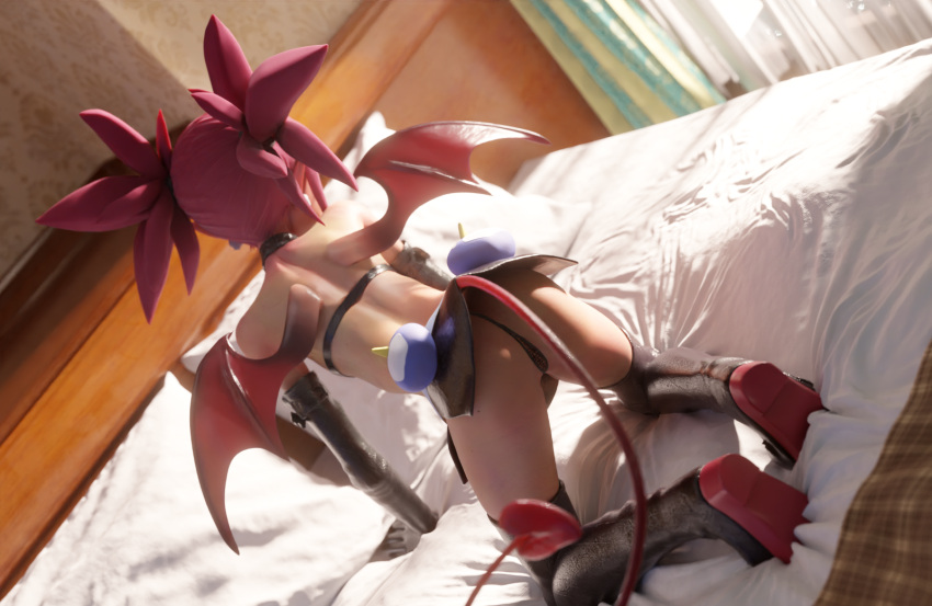 1girl 3d all_fours ass backlighting beanis bed bed_sheet bedroom belt black_footwear black_gloves black_panties black_skirt blender_(medium) boots bra choker commentary curtains demon_girl demon_tail demon_wings disgaea earrings elbow_gloves english_commentary etna gloves headboard highres indoors jewelry looking_away looking_to_the_side makai_senki_disgaea panties pillow pointy_ears red_hair side_slit skirt skull_earrings solo tail thigh_boots twintails underwear window wings