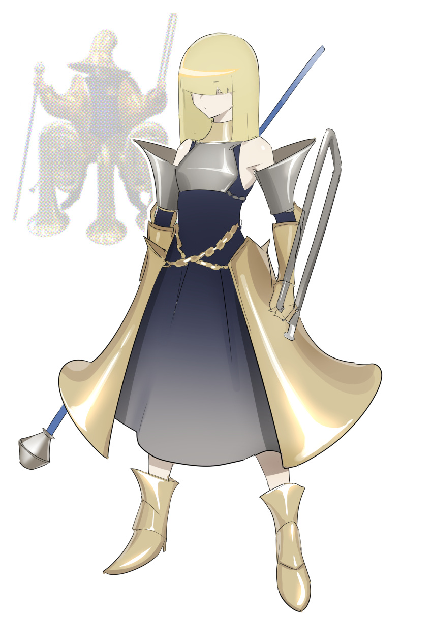 1girl absurdres bangs blonde_hair blue_dress blunt_bangs boots closed_mouth dress full_body gauntlets genderswap genderswap_(mtf) high_heel_boots high_heels highres holding instrument long_hair meme milim_nova original reference_inset standing tuba tuba_boss_(meme)