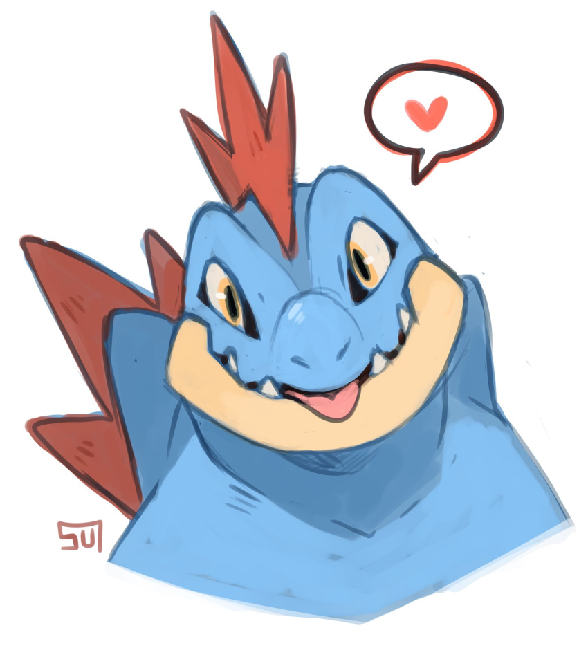 :p feraligatr head_tilt heart highres looking_at_viewer no_humans pokemon pokemon_(creature) signature simple_background smile solo spoken_heart sui_(suizilla) tongue tongue_out white_background