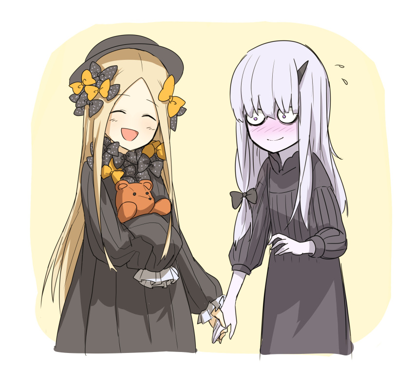 2girls :d abigail_williams_(fate) absurdres black_bow black_dress black_headwear blonde_hair border bow colored_skin dress fate/grand_order fate_(series) flying_sweatdrops grey_hair grey_skin hair_bow hat highres holding holding_hands holding_stuffed_toy kan_(aaaaari35) lavinia_whateley_(fate) long_hair long_sleeves multiple_girls polka_dot polka_dot_bow simple_background smile stuffed_animal stuffed_toy teddy_bear white_border wide-eyed yellow_background yellow_bow