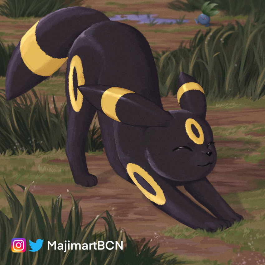 2022 ambiguous_gender black_body black_fur blue_body colored detailed_background digital_media_(artwork) digital_painting_(artwork) duo eeveelution eyes_closed feral fur grass happy hi_res leaf leaf_hair lineless majimartbcn markings nintendo oddish plant plant_hair pok&eacute;mon pok&eacute;mon_(species) pseudo_hair puddle red_eyes shaded signature smile solo_focus stretching tall_grass umbreon video_games watermark yellow_markings