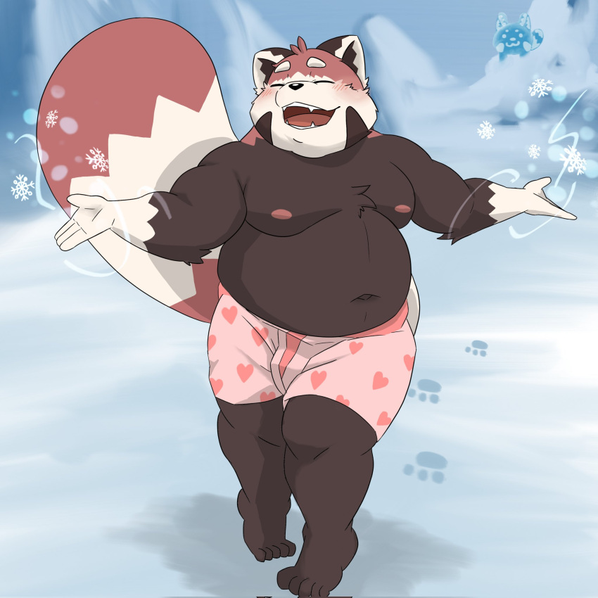 2022 ailurid anthro belly big_belly black_body bulge clothing detailed_background eyes_closed gomdepp hi_res humanoid_hands kemono male mammal moobs navel nipples outside overweight overweight_male red_panda snow solo underwear