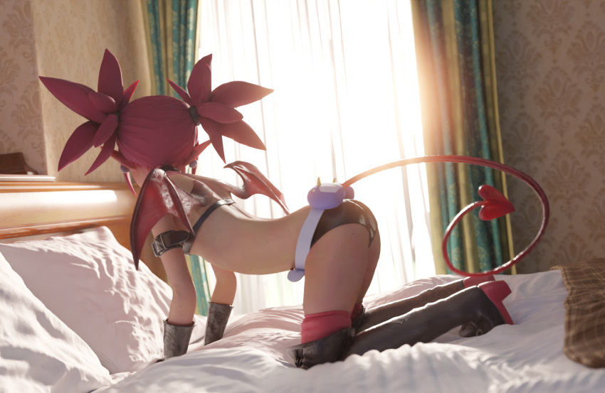 1girl 3d all_fours ass backlighting beanis bed bed_sheet bedroom belt black_footwear black_gloves black_panties black_shorts blender_(medium) boots bra choker commentary curtains demon_girl demon_tail demon_wings disgaea earrings elbow_gloves english_commentary etna gloves headboard highres indoors jewelry looking_away looking_to_the_side makai_senki_disgaea panties pillow pointy_ears red_hair short_shorts shorts skull_earrings solo tail thigh_boots twintails underwear window wings