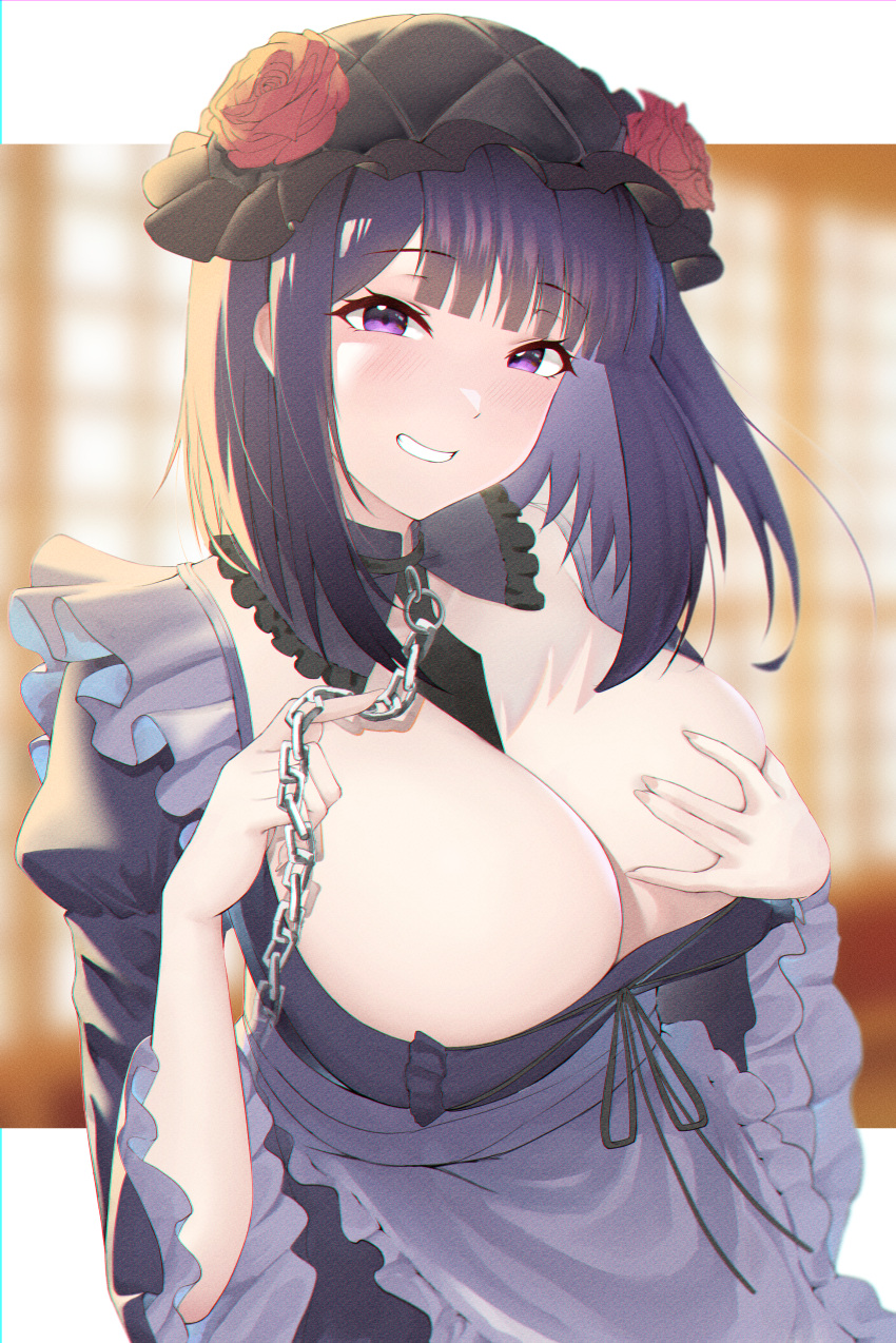 1girl absurdres apron bangs between_breasts black_dress black_headwear black_necktie blunt_bangs blurry blurry_background blush breasts chain cleavage collar commentary cosplay detached_collar dress eyebrows_visible_through_hair flower frilled_collar frilled_sleeves frills gothic_lolita grabbing_own_breast grin hat hat_flower highres holding holding_chain kitagawa_marin kono_(xerondan321) kuroe_shizuku kuroe_shizuku_(cosplay) large_breasts lolita_fashion long_sleeves looking_at_viewer maid_apron medium_hair necktie necktie_between_breasts puffy_long_sleeves puffy_sleeves purple_eyes purple_hair smile solo sono_bisque_doll_wa_koi_wo_suru sunlight upper_body window