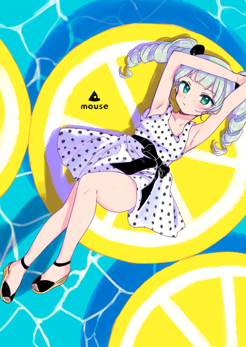 1girl aikatsu!_(series) animal_ears armpits arms_up bangs bare_arms bare_legs black_footwear black_sash blunt_bangs bow closed_mouth dress drill_hair eyebrows_visible_through_hair food from_above fruit green_eyes green_hair highres lemon lemon_slice logo looking_at_viewer looking_up lying medium_hair mouse mouse_(company) mouse_ears on_back polka_dot polka_dot_dress pool sandals sash sige_nb sleeveless sleeveless_dress solo sundress toudou_yurika twin_drills twintails water white_dress
