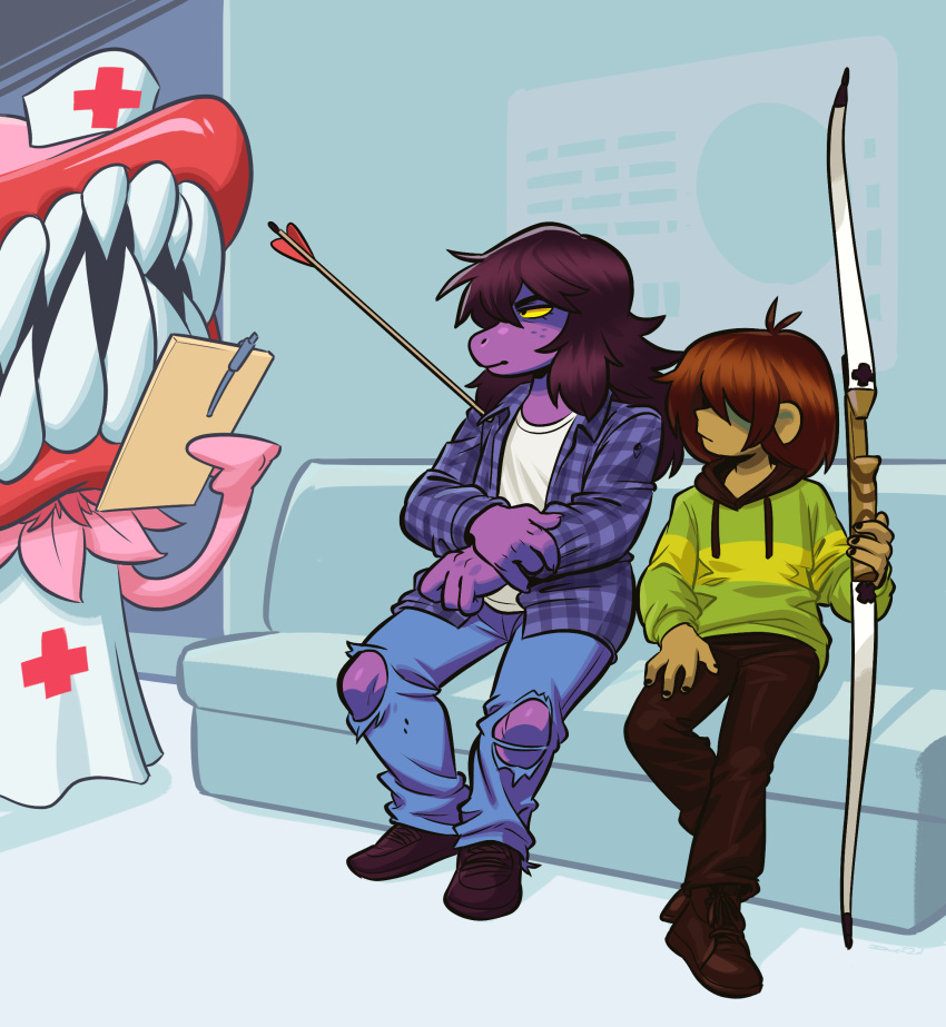 2022 4_fingers absurd_res ambiguous_gender angusburgers anthro arrow arrow_(weapon) arrowed bow_(weapon) checkered_clothing clothed clothing death_stare deltarune detailed_background digital_media_(artwork) female fingers group hair hi_res human humor inside kris_(deltarune) looking_at_another male mammal pattern_clothing ranged_weapon red_big_mouth_(deltarune) scalie sharp_teeth sitting susie_(deltarune) teeth trio undertale_(series) video_games weapon